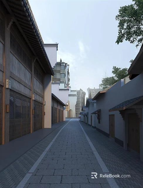 Traditional Chinese Commercial Street With Ancient Architecture Stone Path And Wooden Facades 3d model 
