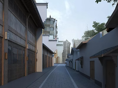 Traditional Chinese Commercial Street With Ancient Architecture Stone Path And Wooden Facades 3d model