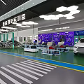 Modern Automobile Service Workshop Layout With Green Floor Multiple Vehicles And Circular Equipment