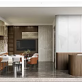 Modern Showroom Interior With Wooden Cabinets Marble Walls Display Tables And TV Screen
