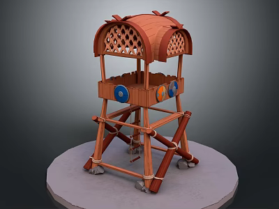 Decorative Wooden Building With Arched Latticed Roof Wheeled Base And Blue Orange Circular Decorations 3d model