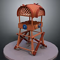 Decorative Wooden Building With Arched Latticed Roof Wheeled Base And Blue Orange Circular Decorations