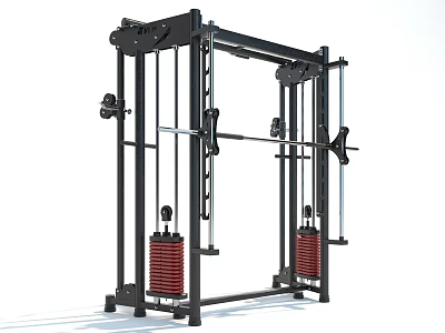 Heavy Duty Multi functional Strength Training Rack With Barbell And Red Weight Plates 3d model