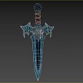 Mythical Dagger With Brown Handle Decorative Top Bat Wing Guard Blue Blade Runes