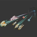 Futuristic Spaceships Flying With Blue Light Beams Energy Bursts And Reflective Surfaces