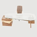 Modern Desk and Chair Set with Glass Top Wooden Frame and Brown Leather Armrests