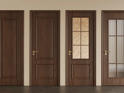 Wooden Hinged Doors With Dark Brown Finish Paneled And Glass Panel Designs Brass Handles 3d model