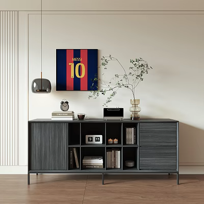 Modern Entryway Console Cabinet with Decorative Painting Potted Plant Books and Storage Shelves 3d model