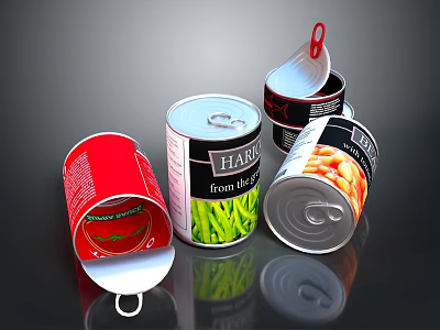 Assorted Canned Food Containers With Open Lids and Green Beans 3d model