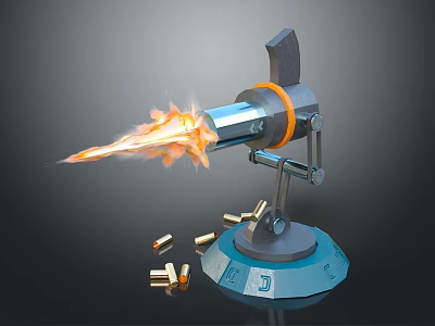 Flamethrower Device 3D Model With Flames Ejecting From Nozzle And Scattered Bullets Around Base 3d model