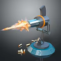 Flamethrower Device 3D Model With Flames Ejecting From Nozzle And Scattered Bullets Around Base