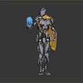 Silver Robot Standing With Yellow Cape Holding Blue Glowing Orb