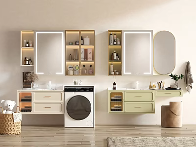 Sleek Modern Bathroom Cabinetry With Mirrors LED Lighting And Storage Shelves 3d model
