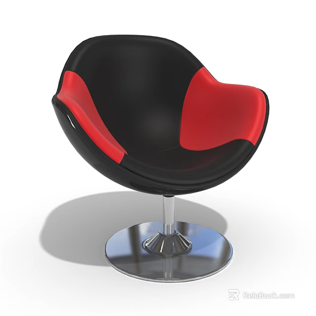 Black and Red Single Sofa with Modern Round Shape and Silver Metal Base 3d model 