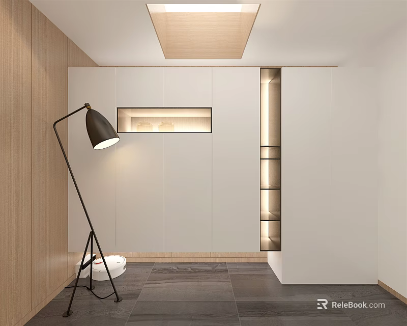 Modern Floor Lamp In Living Room Corner With Wooden Wall And White Cabinets 3d model 