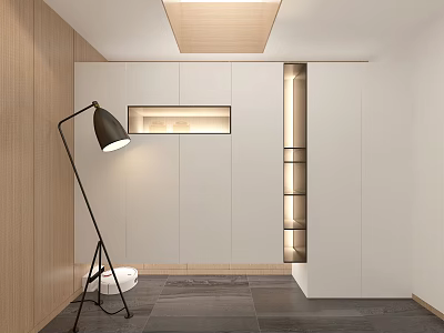 Modern Floor Lamp In Living Room Corner With Wooden Wall And White Cabinets 3d model