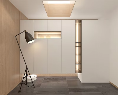Modern Floor Lamp In Living Room Corner With Wooden Wall And White Cabinets 3d model