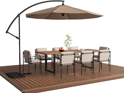 Outdoor Patio Table Set with Six Chairs and Large Cantilever Umbrella on Wooden Deck 3d model
