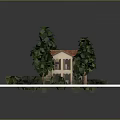 Small House with Red Roof Beige Walls Circular Patio and Green Grass Yard with Trees