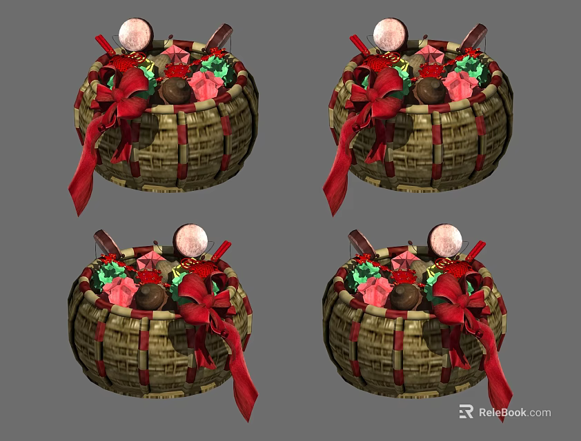 Woven Storage Baskets With Red Ribbon Decor Filled With Fruits And Small Items 3d model 