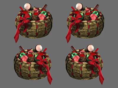 Woven Storage Baskets With Red Ribbon Decor Filled With Fruits And Small Items 3d model