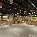 Spacious Modern Supermarket Interior With Fresh Fruit Vegetable Displays Promotional Hanging Signs And Bright Lighting
