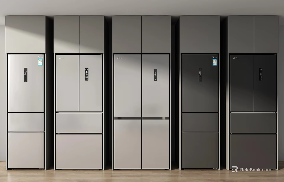 Modern Kitchen Refrigerators With Sleek Gray And Black Designs In Display Lineup 3d model 