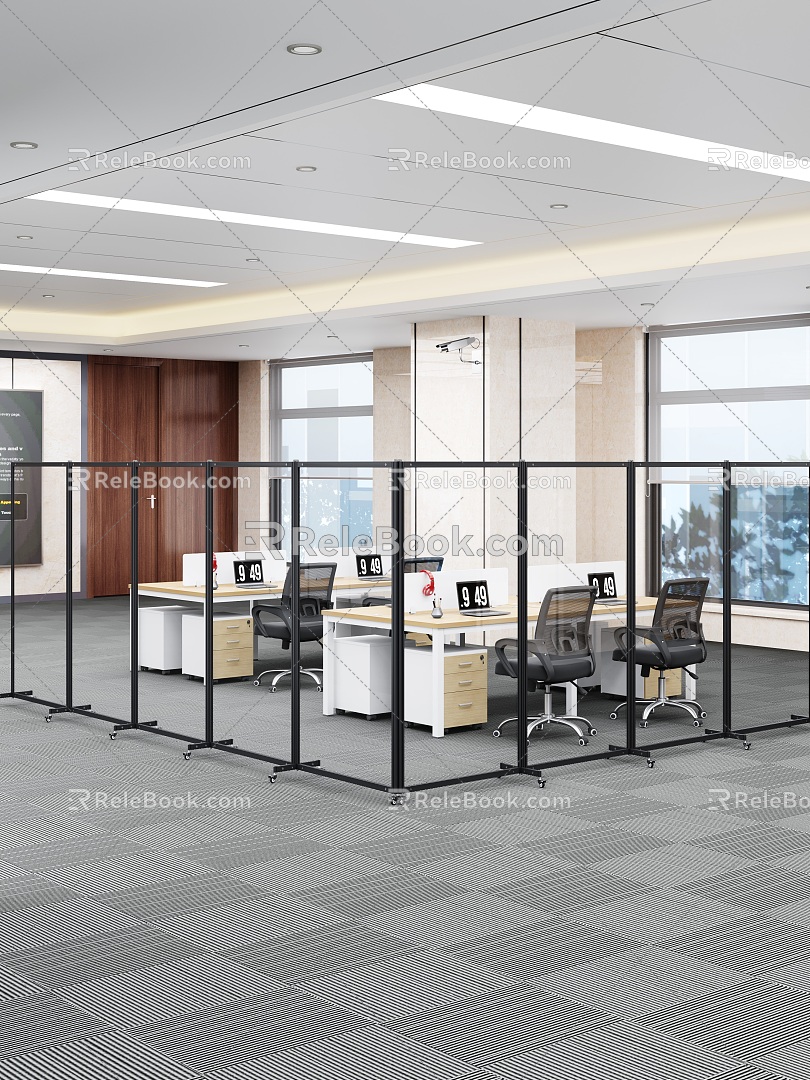 Public office area office partition staff desks and chairs 3d model