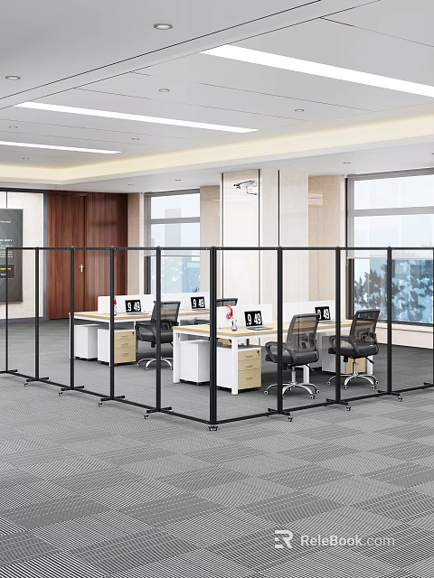 Modern Public Office Space With Glass Partitions Work Desks And Office Chairs 3d model 