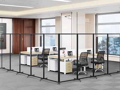 Modern Public Office Space With Glass Partitions Work Desks And Office Chairs 3d model