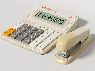 Cream Colored Calculator With Digital Display And Stapler Office Supplies 3d model