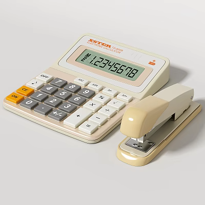 Cream Colored Calculator With Digital Display And Stapler Office Supplies 3d model