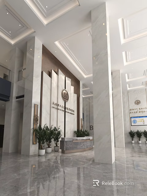 School Lobby Interior With Marble Walls Emblem Plants And Reception Desk 3d model 