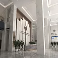 School Lobby Interior With Marble Walls Emblem Plants And Reception Desk