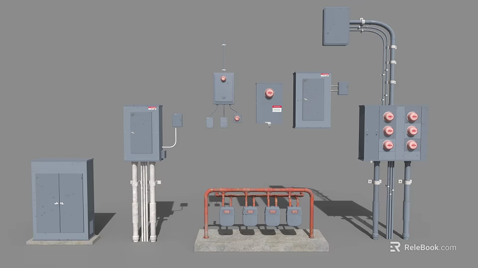 Industrial Equipment Featuring Electrical Control Panels Red Pipes Valves And Wiring Connections 3d model 