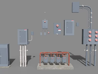 Industrial Equipment Featuring Electrical Control Panels Red Pipes Valves And Wiring Connections 3d model