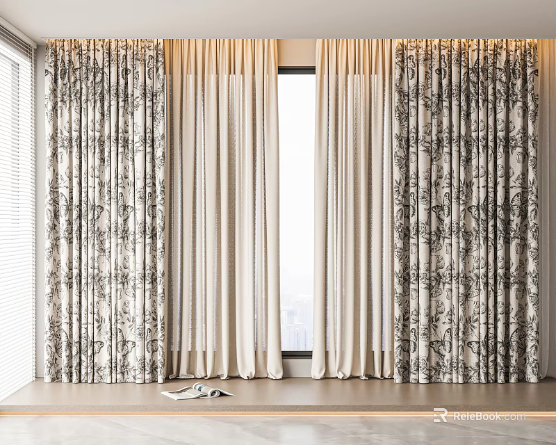 Modern Interior Curtains With Patterned And Solid Panels By Window With Natural Light 3d model 