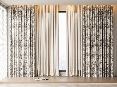 Modern Interior Curtains With Patterned And Solid Panels By Window With Natural Light 3d model