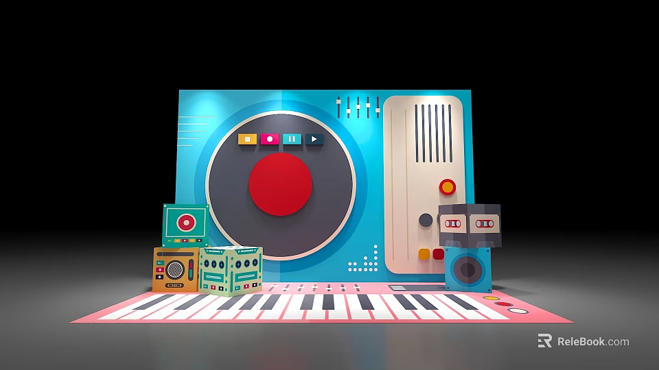 Vibrant Photo Spot With Blue Device Red Circular Button Social Media Icons And Keyboard Mat 3d model 