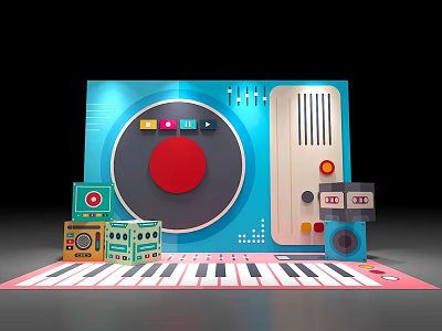 Vibrant Photo Spot With Blue Device Red Circular Button Social Media Icons And Keyboard Mat 3d model