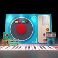 Vibrant Photo Spot With Blue Device Red Circular Button Social Media Icons And Keyboard Mat