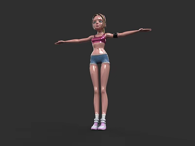 Woman In Pink Striped Top And Blue Shorts With Arms Outstretched On Gray Background 3d model