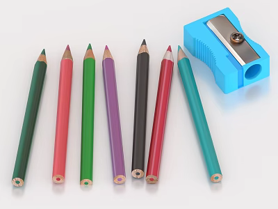 Colored Pencils in Various Bright Hues with Blue Pencil Sharpener Neatly Arranged 3d model