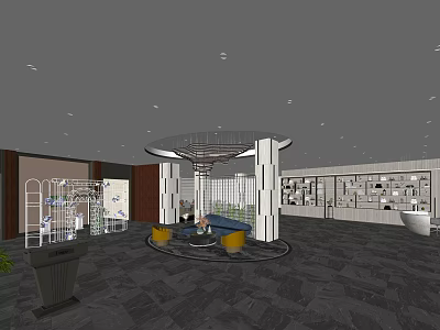 Hotel Lobby Interior Featuring Central Circular Structure Yellow Blue Seats And Display Shelves 3d model