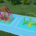 Outdoor Playground Equipment With Colorful Roller Orange Frame Green Structure Yellow Steps On Blue Ground