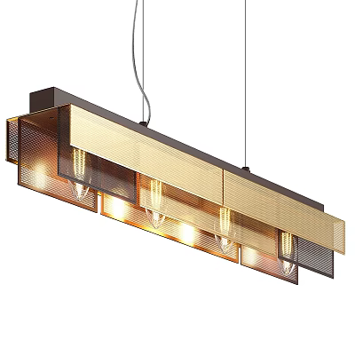 Modern Linear Chandelier With Gold Mesh Panels Black Metal Frame And LED Light Bulbs 3d model