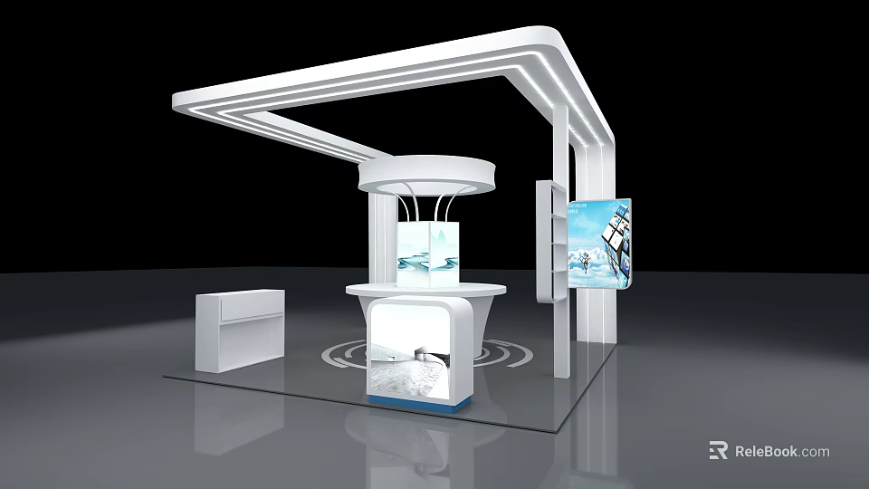 White Exhibition Booth Design With Curved Roof Circular Display Counter And Digital Screen 3d model 