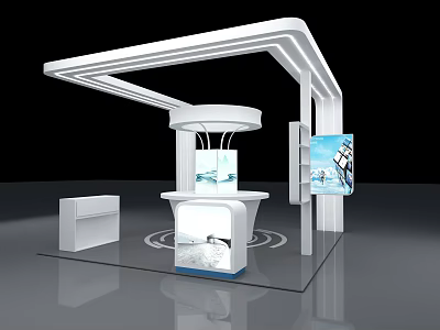 White Exhibition Booth Design With Curved Roof Circular Display Counter And Digital Screen 3d model