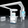 White Exhibition Booth Design With Curved Roof Circular Display Counter And Digital Screen