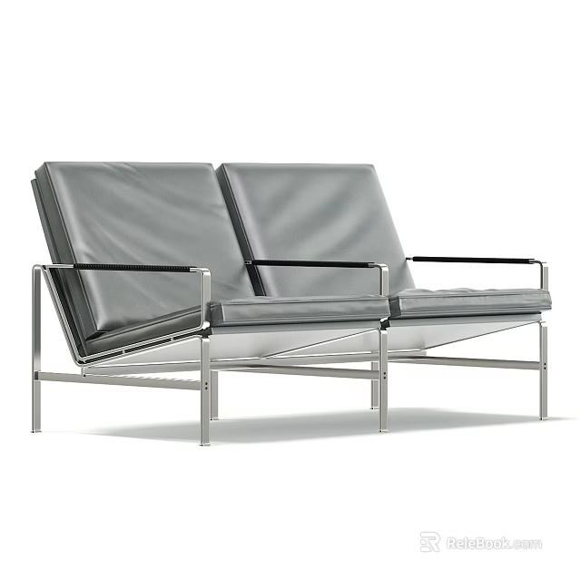 Modern Two Seat Public Chair With Metal Frame And Leather Seats 3d model 